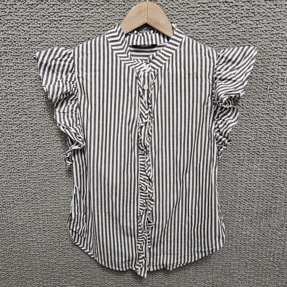 DOKOTOO Women’s Brown White Striped Ruffle Sleeve Button Front Blouse Size M